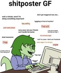 4_fingers anthro clothing computer computer_keyboard dot_eyes electronics female fingers green_body green_hair green_scales hair homophobic_slur hoodie long_tail open_mouth open_smile profanity scales short_hair smile snout solo tail text topwear typing prometheuzone 4chan cavemanon_studios gf_type_(meme) i_wani_hug_that_gator olivia_halford baryonyx dinosaur prehistoric_species reptile scalie spinosaurid theropod 2024 digital_drawing_(artwork) digital_media_(artwork) english_text meme