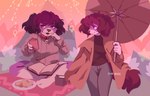 anthro beverage biscuit_(food) bread casual_clothing cloak clothing coffee coffee_mug female food fur picnic picnic_blanket purple_body purple_eyes purple_fur raining solo umbrella poofic bloot_(bloot) canid canine canis domestic_dog mammal 2022 hi_res