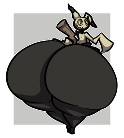 ambiguous_gender anthro big_butt black_body black_ear_tips border brown_tail butt clothing dipstick_ears disguise ear_markings grey_background huge_butt huge_thighs hyper hyper_butt hyper_thighs looking_at_viewer looking_back looking_back_at_viewer multicolored_ears rear_view simple_background solo tail tan_clothing tan_ears thick_thighs white_border puffylover1 nintendo pokemon generation_7_pokemon mimikyu pokemon_(species) 2025 cel_shading colored digital_media_(artwork) shaded