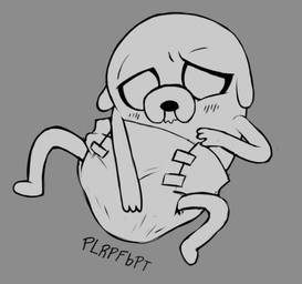 anthro bodily_noises clothed clothing diaper diaper_only feces male pooping simple_background soiled_diaper soiling soiling_diaper solo topless unclean_diaper used_diaper using_diaper wearing_diaper toby_tiger adventure_time cartoon_network jake_the_dog canid canine canis domestic_dog mammal digital_media_(artwork) monochrome