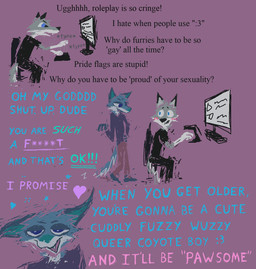angry anthro black_clothing black_shirt black_t-shirt black_topwear blue_body blue_fur censored_text clothing computer dialogue duo electronics fur grey_body grey_fur homophobic_slur male open_mouth open_smile shirt smile t-shirt text topwear demensa emil_(demensa) canid canine canis coyote domestic_dog hybrid mammal 2023 comic english_text hi_res