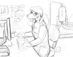 anthro clothing coat computer electronics eyewear female goggles lab_coat looking_at_viewer solo topwear hladilnik mrs._poodle_(hladilnik) canid canine canis domestic_dog mammal poodle 2020 hi_res monochrome