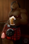 alcohol anthro beer beverage biceps big_muscles big_penis black_hair bottomwear brown_body brown_fur clothed clothing erection flaccid food fur genitals green_eyes hair huge_penis humanoid_genitalia humanoid_penis kilt leaning looking_at_viewer male muscular muscular_anthro muscular_male nipples nude pattern_clothing pecs penis penis_under_skirt plaid plaid_clothing smile solo sporran suggestive thick_penis topless fasttrack37d finn_(siegblack) equid equine horse mammal 2013