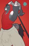 anthro big_bulge bulge clothed clothing looking_at_viewer male muscular muscular_anthro muscular_male red_background shirt simple_background solo standing tank_top topwear lux_fox reymon_comander equid equine horse mammal absurd_res hi_res