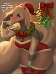 anthro blue_eyes blush bodily_fluids breasts cleavage clothed clothing dialogue dress female holidays legwear mistletoe plant solo stockings sweat sweatdrop text thick_thighs evehly christmas jayme anteater mammal pilosan xenarthran 2023 digital_media_(artwork) english_text