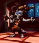 4_fingers 4_toes anthro claws cosplay eyewear fangs feet fingers glasses gun holding_gun holding_object holding_ranged_weapon holding_weapon looking_at_viewer male ranged_weapon smile solo standing teeth toes weapon commissar-k guardians_of_the_galaxy marvel ness_(larathelabrat) rocket_raccoon mammal procyonid raccoon 2014