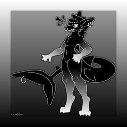 anthro digitigrade furgonomic_piercing furgonomics male multicolored_body piercing simple_background solo standing surprised vendible otomo_(vendible) aquatic fish shark 1:1 absurd_res hi_res monochrome signature