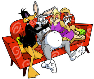 anthro arms_tied belly big_belly black_body black_feathers blonde_hair bodily_fluids bound buckteeth cake carrot_cake clothing cotton_tail dessert dress ears_tied_back feathers feet female food food_in_mouth force_feeding forced fur furniture grey_body grey_fur grin group hair half-closed_eyes holding_food holding_object long_ears male membrane_(anatomy) mischievous_smile narrowed_eyes nude pawpads paws pillow smile sofa sweat sweatdrop tan_body tan_fur teeth toes trio webbed_feet whiskers white_body white_fur fattlestacks looney_tunes warner_brothers bugs_bunny daffy_duck lola_bunny anatid anseriform avian bird duck lagomorph leporid mammal rabbit 2022 absurd_res hi_res