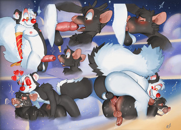 anal anal_penetration anthro armwear balls black_body black_fur blush bodily_fluids bubble_butt butt clothing cloud clown clown_makeup cum cum_on_face duo elbow_gloves erection eyes_closed fellatio foreskin fur genital_fluids genitals gloves handwear humanoid_genitalia male male/male male_penetrated male_penetrating male_penetrating_male multicolored_body multicolored_fur night nipples nude nude_anthro nude_male oral oral_penetration penetration penile penis sex star two_tone_body two_tone_fur white_body white_fur fritzbonn rosphix mammal mephitid murid murine rat rodent skunk absurd_res hi_res