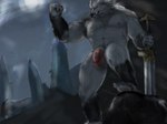 aban_wrench anthro balls blaidd_(elden_ring) bulge canid canine canis elden_ring flaccid foreskin fromsoftware genitals hi_res humanoid_genitalia humanoid_penis male mammal melee_weapon muscular muscular_male nipples penis solo sword weapon wolf