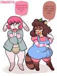 bulge clothing dialogue duo female intersex panties simple_background text underwear lilbunpinky pinky_(lilbunpinky) tami_(lilbunpinky) canid canine lagomorph leporid mammal rabbit raccoon_dog tanuki 3:4 english_text hi_res