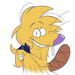 anthro beaver_tail blonde_hair brown_tail buckteeth fur hair hand_on_hair looking_at_viewer male playing_with_hair pose purple_eyes purple_nose simple_background smile solo standing tail teeth white_background yellow_body yellow_fur 8-bit-britt nickelodeon the_angry_beavers norbert_beaver beaver mammal rodent 1:1 2024 digital_media_(artwork) hi_res