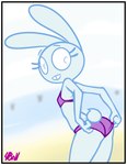 anthro bikini border buckteeth butt clothed clothing female fur looking_at_viewer looking_back outside solo swimwear teeth two-piece_swimsuit white_border fourball roommates:motha bonbon_(roommates) lagomorph leporid mammal rabbit digital_media_(artwork) hi_res