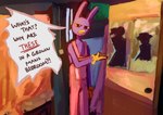 anthro door female guesthouse male mrliverboyy poster silhouette solo speech_bubble text the_grand_tour glitch_productions the_amazing_digital_circus jax_(tadc) lagomorph leporid mammal rabbit hi_res painting_(artwork)