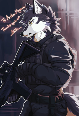 anthro clothing gun male police police_uniform ranged_weapon solo tactical tactical_gear uniform weapon unknown_artist thunderrangers archermagnum canid canine canis mammal wolf absurd_res hi_res