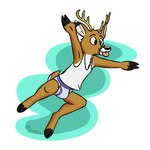 1:1 amtrack88_(character) anthro antlers black_nose blep blue_briefs blue_clothing blue_underwear briefs brown_body brown_fur bulge clothed clothing deer detailed_background fur geekfox hooves horn male mammal markings pantsless shirt simple_background solo striped_markings stripes tank_top tongue tongue_out topwear underwear white_background white_clothing white_shirt white_tank_top white_topwear