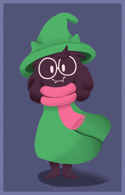 anthro black_body black_fur clothing cute_fangs eyewear fangs fur glasses male scarf simple_background solo teeth thelittlemuffin deltarune undertale_(series) ralsei bovid caprine darkner goat mammal 2018 digital_media_(artwork) hi_res