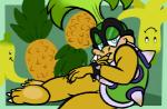 anthro banana blue_eyes blush butt food fruit green_hair hair half-closed_eyes looking_at_viewer male narrowed_eyes pineapple plant pose solo frostflurry92 renee-moonveil mario_bros nintendo iggy_koopa koopaling koopa scalie low_res