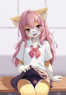 adolescent anthro asian_clothing bangs black_clothing black_underwear blush bottomwear bulge clothed clothing clothing_lift countershading crossdressing east_asian_clothing femboy fur gloves_(marking) hair hair_between_eyes inner_ear_fluff japanese_clothing japanese_school_uniform kemono long_hair looking_at_viewer male male_anthro markings multicolored_body multicolored_fur open_mouth pink_eyes pink_hair school_uniform sitting skirt skirt_lift solo tan_body tan_fur tongue tuft two_tone_body two_tone_fur underwear uniform white_body white_fur young young_anthro young_male sinelesh domestic_cat felid feline felis mammal 2023 digital_media_(artwork) hi_res