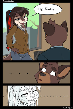 anthro awkward_moment brown_body brown_fur brown_hair clothed clothed_anthro clothed_female clothed_male clothing detailed_background dialogue duo ellipsis embarrassed female female_anthro fully_clothed fully_clothed_female fully_clothed_male fur green_eyes hair highlights_(coloring) inside male male_anthro page_number red_highlights shocked speech_bubble text black-kitten ken_(black-kitten) maya_(black-kitten) canid canine canis domestic_dog hybrid lagomorph leporid mammal rabbit 2:3 comic english_text hi_res