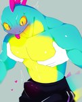 ambiguous_gender anthro blep blush bulge clothing duo erection erection_under_clothing male male/ambiguous male_focus pec_grab pecs simple_background solo_focus tenting tongue tongue_out mame02550912 epic_games fortnite lizzik_(fortnite) lizard reptile scalie hi_res