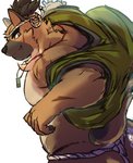 anthro asian_clothing brown_body brown_fur butt clothing cute_fangs east_asian_clothing fangs fundoshi fur humanoid_hands japanese_clothing kemono male overweight overweight_anthro overweight_male scar solo teeth underwear yu_chi_i lifewonders tokyo_afterschool_summoners yasuyori_(tas) canid canine canis domestic_dog mammal 2020