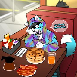 anthro bacon breakfast clothing diner food hoodie juice_(beverage) male meat orange_juice pancake restaurant solo syrup tie-dye topwear fetishame denny's cddyx canid canine fox mammal 1:1 absurd_res hi_res