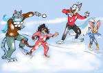 anthro battle fur group scarf snow snowball snowball_fight winter fuzzywuzzylittletail andy_(nekomimiranger) cass_(nekomimiranger) arctic_fox canid canine felid feline fox lagomorph leopardus leporid mammal ocelot pantherine rabbit snow_leopard true_fox absurd_res colored hi_res