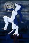 anthro balance city cloud dark fur knife light male melee_weapon moon moonlight night nude simple_background smile solo tail weapon herseio jedader mammal sergal 2016