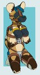 anthro bdsm begging begging_pose biped blindfold blue_hair blue_nose blue_spots bondage bondage_gear bondage_gloves bound chastity_belt chastity_device clothing collar cuff_(restraint) hair handwear harness kneeling leather leather_cuffs leather_harness lock lock_symbol male muzzle_(object) muzzled paw_pose pose restrained restraints sensory_deprivation solo spots submissive submissive_male tail kobadog koba_(kobadog) african_wild_dog canid canine mammal absurd_res hi_res