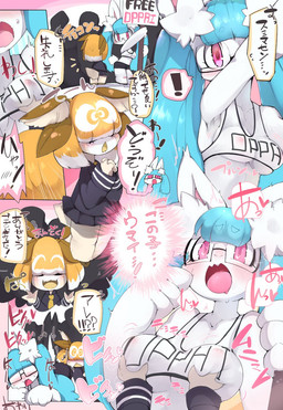 anthro blue_hair blush breast_grab breasts cleavage clothed clothing dialogue exclamation_point female fur hair hair_over_eyes hand_on_breast nipple_outline open_mouth orange_hair purple_eyes sign size_difference smile speech_bubble text white_body white_fur 9999gpera arthropod insect lagomorph lepidopteran leporid mammal moth rabbit english_text hi_res japanese_text translation_request