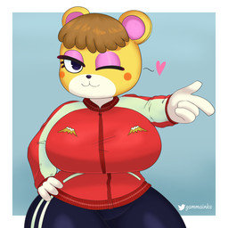 anthro big_breasts blush blush_stickers border breasts female gesture hand_gesture heart_symbol looking_at_viewer one_eye_closed pointing solo white_border wide_hips wink gammainks animal_crossing nintendo tammy_(animal_crossing) bear mammal 1:1 absurd_res hi_res