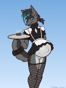accessory andromorph anthro belly_nipples black_hair blue_background blue_eyes blue_hair_tips blue_nipples blue_nose bow_ribbon bow_tie clothing container cup eyebrow_piercing facial_piercing fishnet_clothing fishnet_legwear fur furgonomics genitals gradient_background grey_body grey_fur hair hair_accessory hair_tie intersex legwear looking_at_viewer maid_uniform navel nipples outie_navel piercing pregnant pregnant_andromorph pregnant_anthro pregnant_intersex ribbons serving_beverage serving_tray simple_background solo standing tail tail_accessory tail_bow tail_ribbon tied_hair uniform vulva dansharkman river_(phantompackmate) canid canine fox mammal 3:4 hi_res trans_(lore) trans_man_(lore)