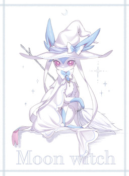 ambiguous_gender blue_body blue_fur blush blush_lines bow_(anatomy) broom cleaning_tool clothing crescent_moon eyelashes feral fur hat headgear headwear looking_at_viewer moon paws pink_eyes quadruped ribbons_(anatomy) simple_background sitting solo sparkles text white_body white_fur witch_hat momu_shi_36 nintendo pokemon eeveelution generation_6_pokemon pokemon_(species) shiny_pokemon sylveon 2024 english_text hi_res