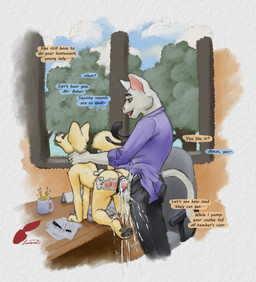 adolescent adolescent_penetrated adult_on_adolescent adult_on_young age_difference all_fours animal_genitalia animal_vulva anthro anthro_penetrated anus balls bodily_fluids bottomwear butt canine_genitalia canine_vulva classroom clothed clothed_sex clothing cum cum_from_vagina cum_in_uterus cum_in_vagina cum_inside cum_overflow cum_string cumshot desk dialogue doggystyle duo ejaculation erection feet female female_penetrated fingers from_behind_position fur furniture genital_fluids genitals hand_on_neck humanoid_genitalia humanoid_penis internal internal_vaginal leaking_cum lips male male/female male_penetrating male_penetrating_female necktie nude older_male on_desk open_bottomwear open_clothing open_mouth open_pants orgasm pants pawpads penetration penile penile_penetration penis penis_in_vagina school sex shirt smile speech_bubble student table tail teacher teacher_and_student teacher_on_student teeth text toes topwear uterus vaginal vaginal_penetration vulva young young_anthro young_female young_penetrated younger_female redleveret sasha_(redleveret) canid canine canis domestic_cat domestic_dog felid feline felis mammal absurd_res digital_media_(artwork) english_text hi_res