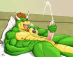 abs anthro beard bed biceps big_muscles big_penis bodily_fluids cum cumshot ejaculation erection facial_hair furniture genital_fluids genitals goatee green_body green_skin hair horn humanoid_genitalia humanoid_penis inside male masturbation muscular muscular_anthro muscular_male nipples nude on_bed orgasm pecs penile penile_masturbation penis pillow pose solo tail tongue unknown_artist mario_bros nintendo darius_koopa_(character) koopa scalie 2010