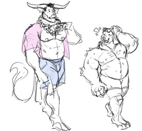 anthro beach beard bulge clothed clothing duo facial_hair jewelry male necklace nipples partially_clothed walking taurusbos bear bovid bovine mammal absurd_res digital_media_(artwork) hi_res