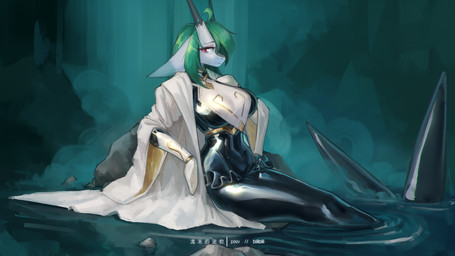 anthro big_breasts breasts camel_toe clothing female glistening glistening_clothing green_hair hair latex latex_clothing latex_skinsuit looking_at_viewer pink_eyes skinsuit smile solo split_form tight_clothing water waterfall shanher mythology shanher_(character) aquatic dragon merfolk mythological_creature mythological_scalie scalie 2023 absurd_res digital_media_(artwork) hi_res