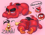 anthro anus balls butt duo eyebrows face_squish feathers genitals half-closed_eyes lying male male/male narrowed_eyes non-mammal_balls on_front red_body red_feathers spread_anus spread_butt spreading squish text thick_eyebrows bird_brained_(artist) angry_birds gyatt_(meme) rovio_entertainment sega zamn chuck_(angry_birds) red_(angry_birds) avian bird english_text hi_res multiple_images