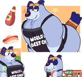 anthro apron apron_only big_muscles big_pecs bottle butt clothing container cooking day eating eyebrows food fur grill holding_food holding_object holding_tool holding_utensil hot_dog ketchup ketchup_bottle kitchen_utensils male muscular muscular_anthro muscular_male narrowed_eyes outside pecs simple_background smile solo standing sun text text_on_apron text_on_clothing thick_arms thick_thighs tongs tools toony tuft blumpy bluey_(series) stripe_heeler australian_cattle_dog canid canine canis cattledog domestic_dog herding_dog mammal pastoral_dog 2025 english_text hi_res