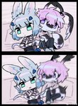 anthro blue_ears blue_hair chibi duo feathers female hair kemono narrow_hips pink_hair purple_eyes scales shocked tail tail_grab tail_squeeze teal_eyes thin_calves thin_legs thin_thighs zhang_gun ah_xin_(zhang_gun) xiaohen_(zhang_gun) lagomorph leporid mammal rabbit reptile scalie snake comic hi_res