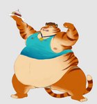 anthro award belly belly_overhang big_belly big_cheeks brown_hair chubby_cheeks claws clothed clothing dessert double_chin flexing food fur hair holding_food holding_object holding_pie love_handles male medal moobs nipples obese obese_anthro obese_male orange_body orange_fur overweight overweight_anthro overweight_male pastry pie smile solo standing striped_body striped_fur stripes thick_thighs toe_claws torn_clothing wide_hips aceaximeck felid mammal pantherine tiger