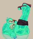 anthro balls bone butt clothed clothing genitals green_body lying male on_back partially_clothed presenting presenting_hindquarters skull skull_head slime solo translucent translucent_body momoskinks doug_(monster_con) goo_creature goo_humanoid humanoid hi_res