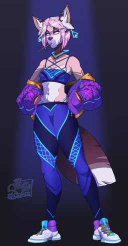 abs anthro eyebrows eyelashes female hair muscular muscular_anthro muscular_female navel solo standing synthwave katerezonate canid canine mammal 2019 absurd_res digital_media_(artwork) hi_res