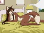 anthro bed bedroom biped breasts brown_eyes brown_hair butt female furniture hair looking_at_viewer lying navel nude open_mouth pillow smile solo text rocko_gorilla third-party_edit good_cheese nina_morena_agil canid canine dhole mammal english_text url