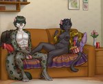 anthro black_body breasts casual_nudity duo ear_piercing ear_ring female foreskin genitals home male male/female massage nipples nude paws penis piercing ring_piercing carduelis domestic_cat felid feline felis mammal pantherine snow_leopard hi_res