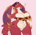 anthro big_breasts blush bottomless breasts clothed clothing female genitals hand_on_hip holding_breast membrane_(anatomy) membranous_wings pussy red_body red_scales scales slightly_chubby solo tail wide_hips wings anuvia cygames dragalia_lost mythology nintendo brunhilda_(dragalia_lost) dragon mythological_creature mythological_scalie scalie