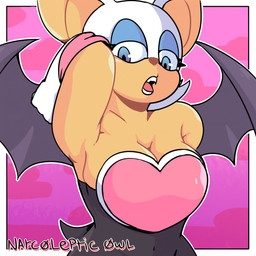 anthro breasts clothed clothing female hairless_armpit looking_at_viewer membrane_(anatomy) membranous_wings open_mouth presenting presenting_armpit simple_background solo wings narcolepticowl sega sonic_the_hedgehog_(series) rouge_the_bat bat mammal 1:1 hi_res