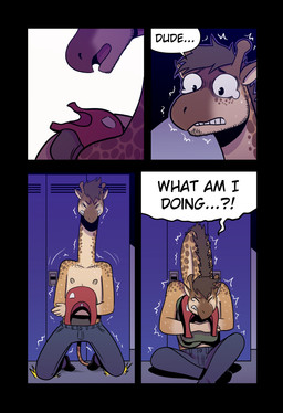 anthro arms_in_front bodily_fluids bottomwear brown_hair clothed clothing crossed_legs crying dialogue hair holding_clothing holding_object horn inside kneeling locker male nipples ossicone pants sad sitting sitting_on_ground solo speech_bubble tail tears text topless topless_anthro topless_male t0l0k andrew_(t0l0k) giraffe giraffid mammal comic english_text hi_res