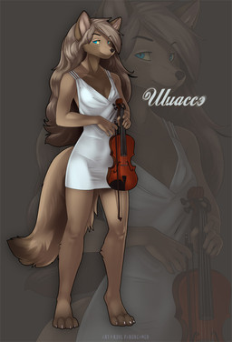4_toes 5_fingers anthro black_nose blue_eyes bow_(stringed_instrument) bowed_string_instrument brown_body brown_fur brown_hair brown_tail cheek_tuft clothed clothing dress eyebrows eyelashes facial_tuft feet female fingers fully_clothed fur hair long_hair looking_at_viewer musical_instrument solo string_instrument tail text toes tuft violin koul canid canine fox mammal russian_text